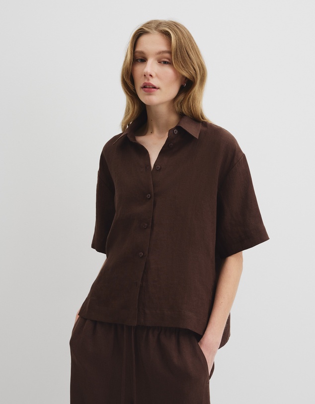 Organically Grown Linen Short Sleeve Shirt - Cocoa