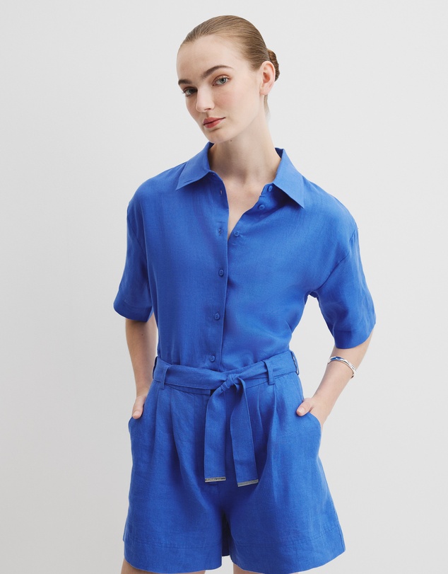 Organically Grown Linen Short Sleeve Shirt - Riviera Blue