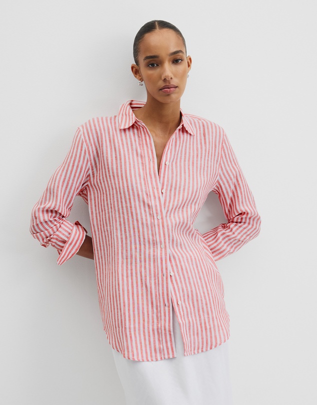 Organically Grown Linen Stripe Shirt - Cayenne Stripe