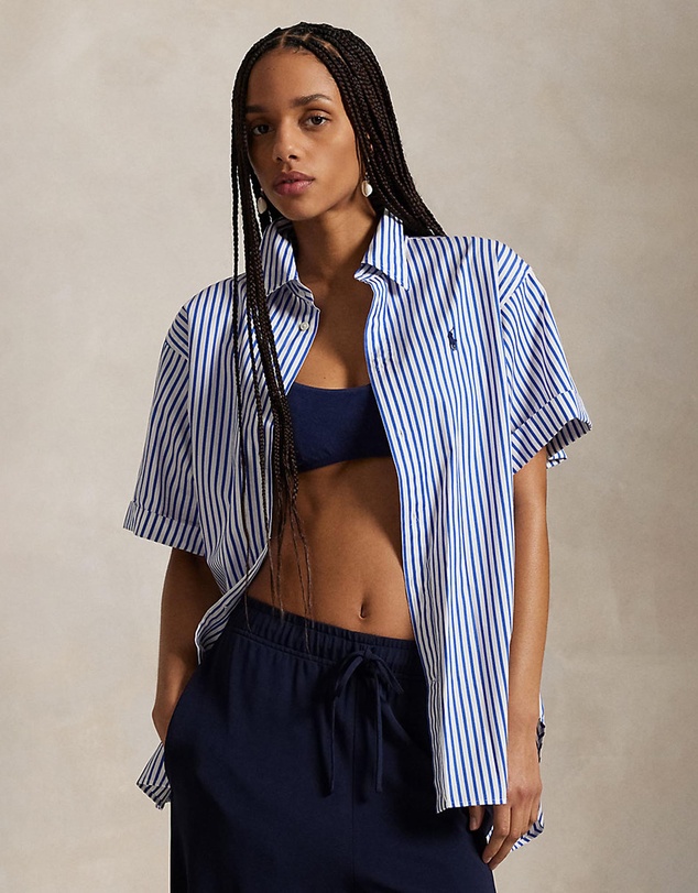 Oversize Fit Striped Short-Sleeve Shirt - ICONIC EXCLUSIVE - 1822 White & Royal