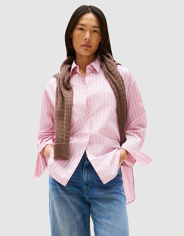 Oversized Fit Adjustable Cuffs Poplin Shirt - Textured Thin Stripe Pink