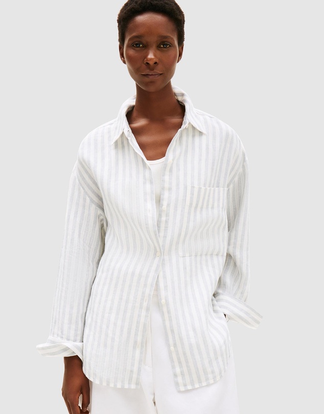 Oversized Fit Linen Shirt - Linen Stripe, Cloudy Blue & Ecru