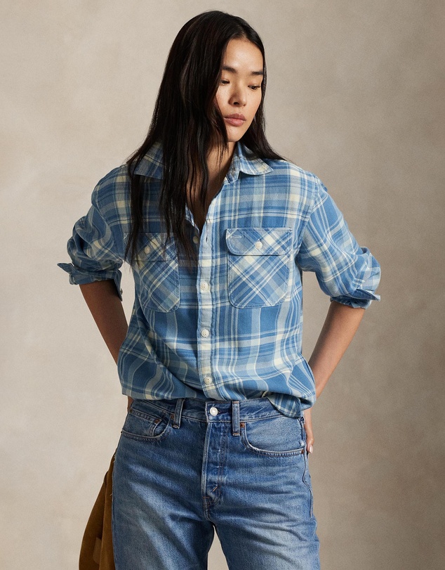 Plaid Cotton Twill Workshirt - Blue & White Multi Plaid