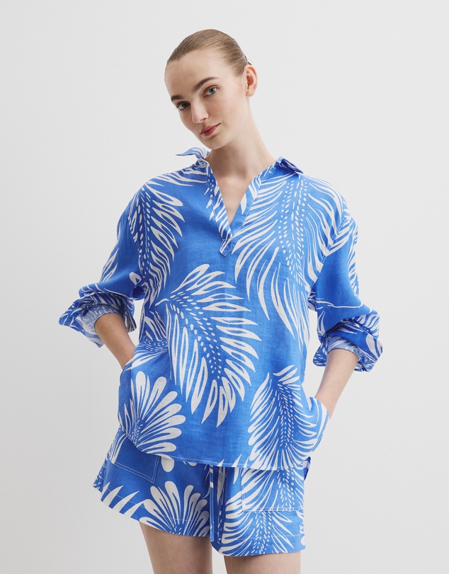 Print Linen Popover Shirt - Feather Palm Print