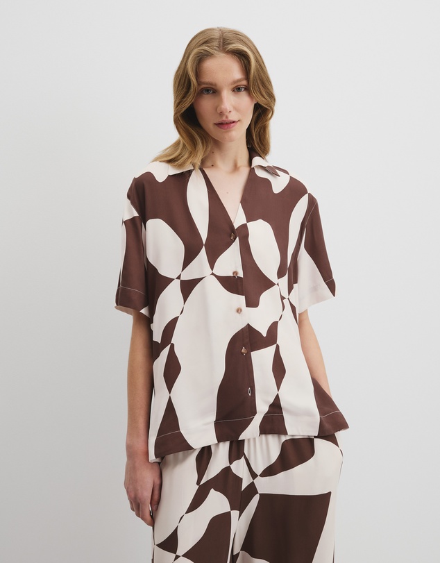 Print Short Sleeve Cupro Shirt - Cocoa Geo