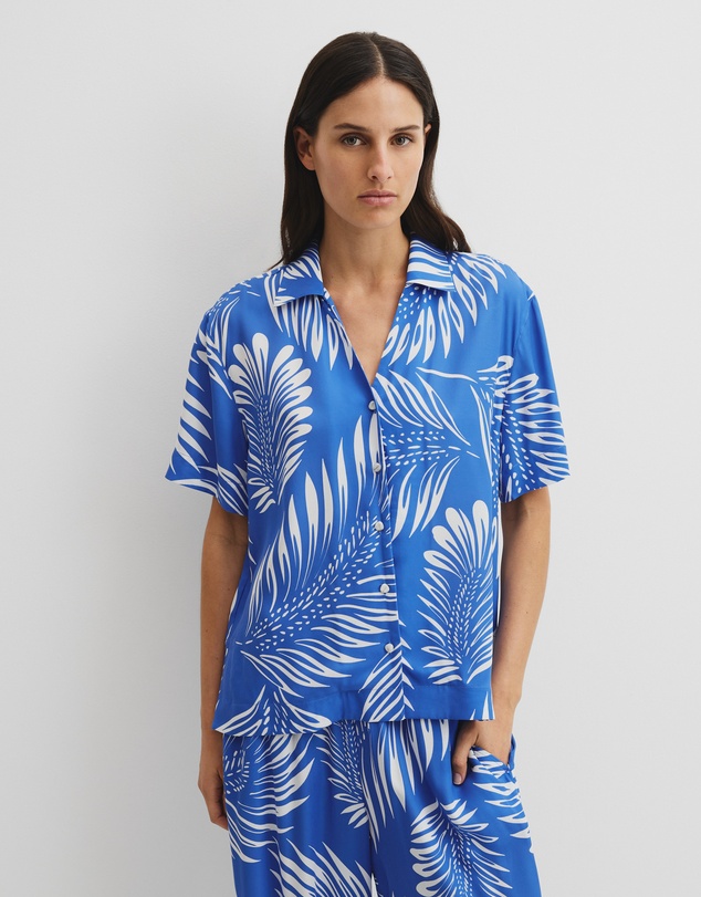 Print Short Sleeve Cupro Straight - Feather Palm Print