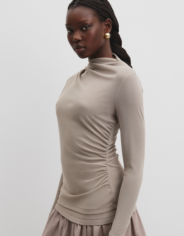 Recycled Polyester Sheer Drape Top - Taupe