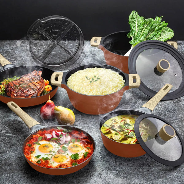 Red Earth™ Premium Cookware 7pc Set + FREE SECOND COOKWARE SET + 2x FREE Mighty Mix™ Stick Blender + FREE E-BOOK slider