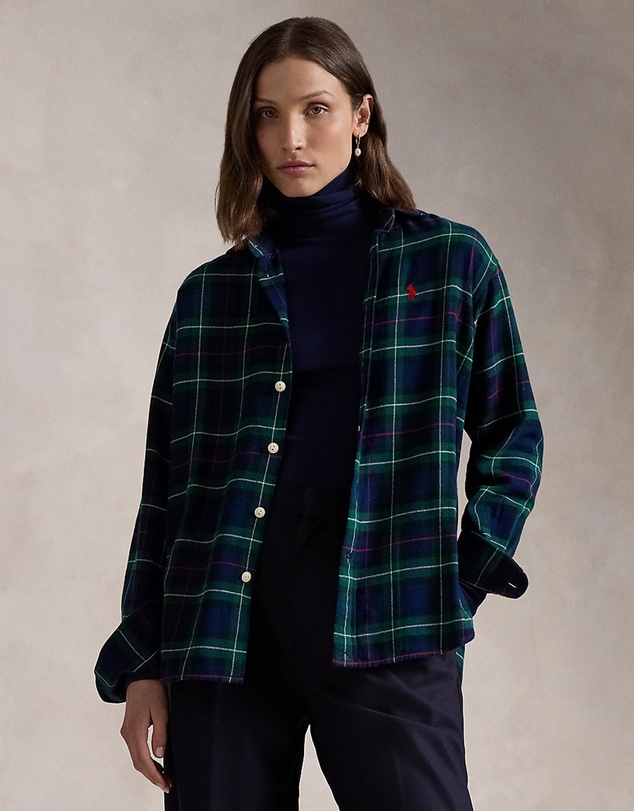 Relaxed Fit Plaid Cotton Shirt -ICONIC EXCLUSIVE - Green & Red Plaid