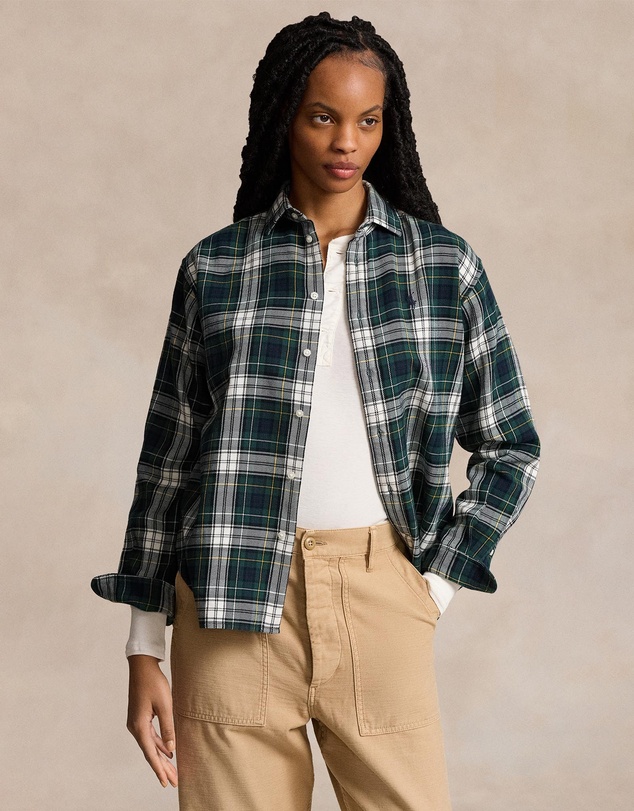Relaxed Fit Plaid Cotton Shirt -ICONIC EXCLUSIVE - Navy, White & Green Multi Plaid