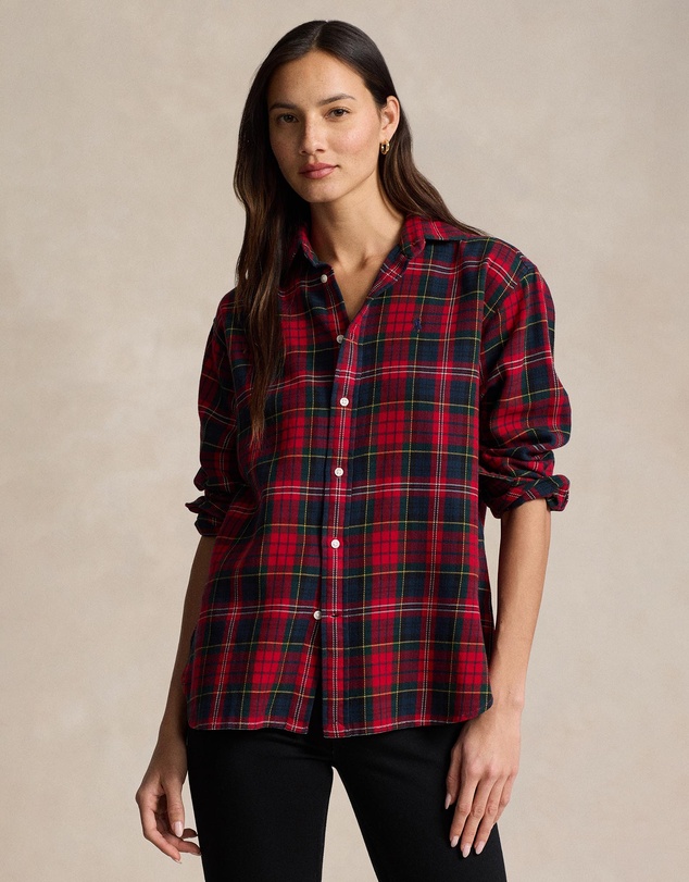 Relaxed Fit Plaid Cotton Shirt -ICONIC EXCLUSIVE - Red, Navy & Green Multi Plaid