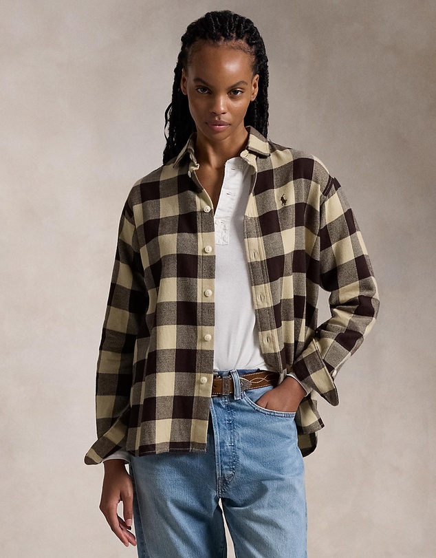 Relaxed Fit Plaid Cotton Shirt -ICONIC EXCLUSIVE - Tan & Brown