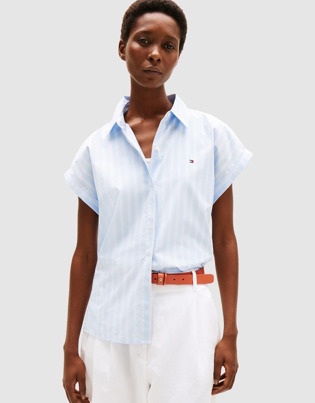 Relaxed Fit Short Sleeve Poplin Shirt - Monochrome Stripe & Sweet Blue