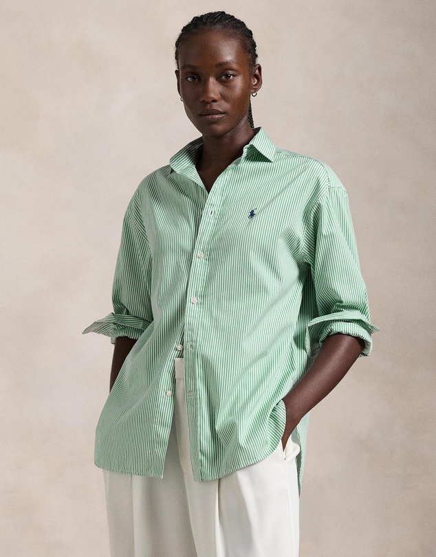 Relaxed Fit Striped Cotton Shirt - Green & White