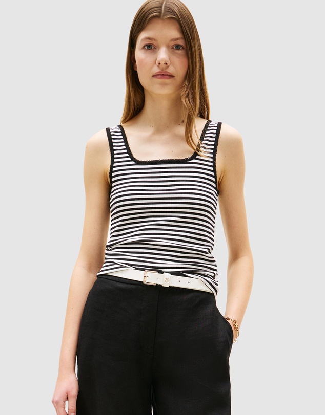 Ribbed Square Neck Slim Tank Top - Ecru & Black Fine Stripe
