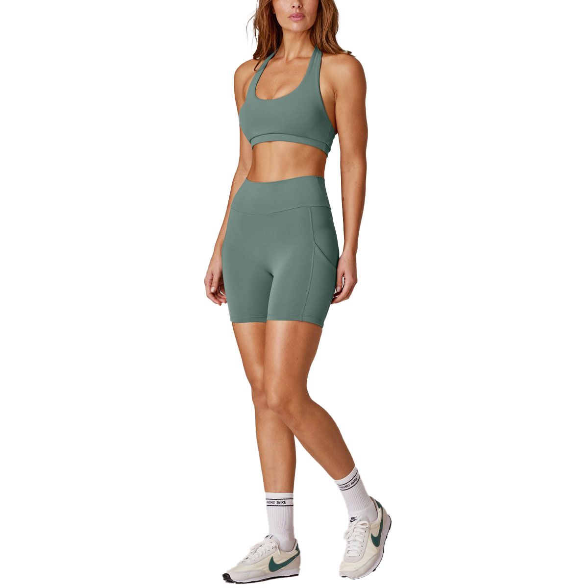 Running Bare Womens 6 Inch Camelflage No Seam Bike Short - Green slider