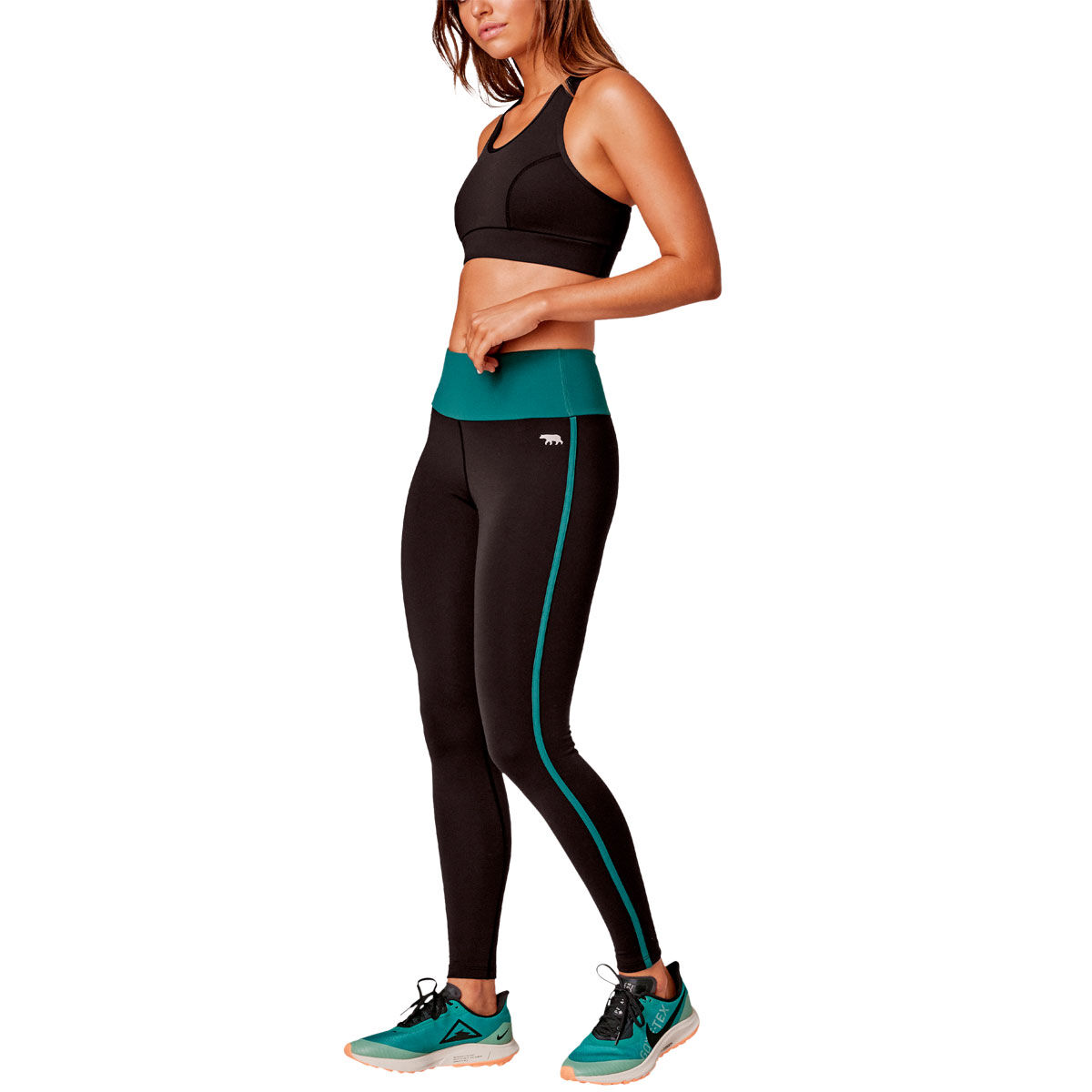 Running Bare Womens Ab Waisted Crossroads Thermal Leggings - Black/Green slider