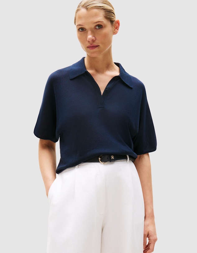 Short Sleeve Polo Sweater with Silk - Dark Night Navy
