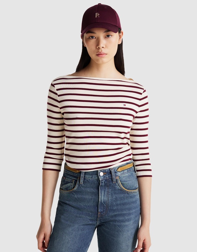 Slim Cody Boat Neck Quarter Sleeve - Fine STP Calico & Deep Rouge