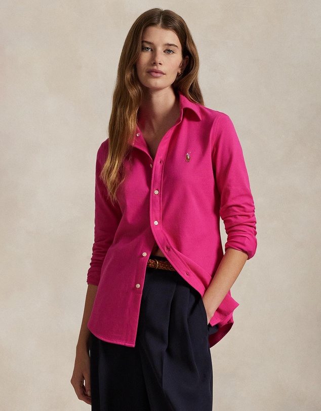 Slim Fit Knit Cotton Oxford Shirt - Bright Pink