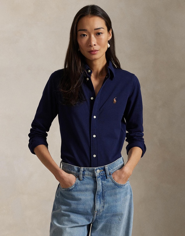 Slim Fit Knit Cotton Oxford Shirt - Cruise Navy