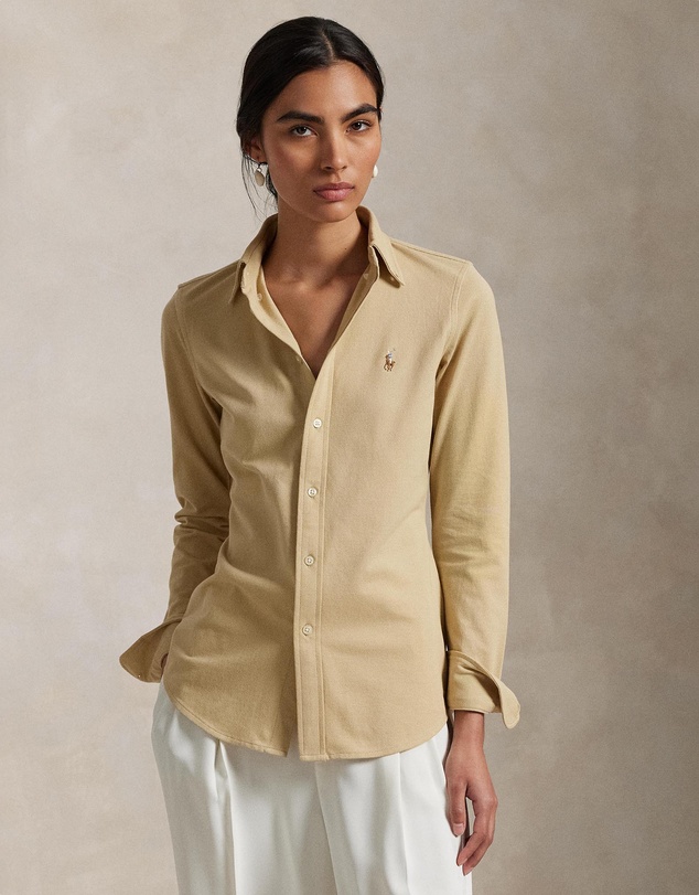 Slim Fit Knit Cotton Oxford Shirt - ICONIC EXCLUSIVE - Polo Tan
