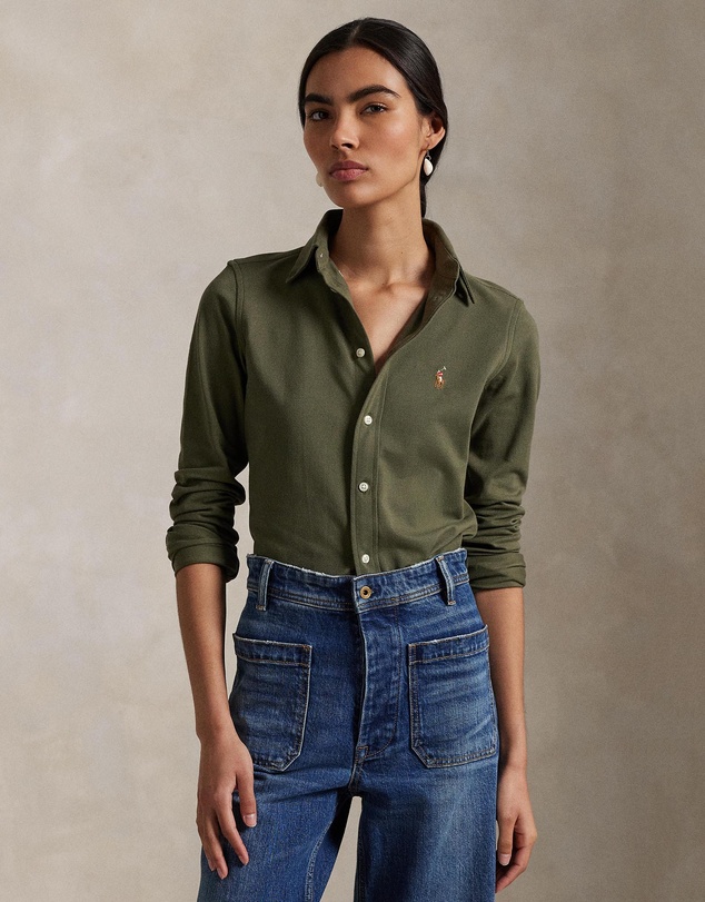 Slim Fit Knit Cotton Oxford Shirt - Thermal Green
