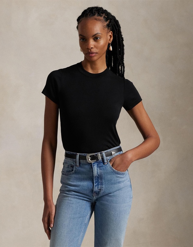 Slim Fit Ribbed Cotton Tee - Polo Black