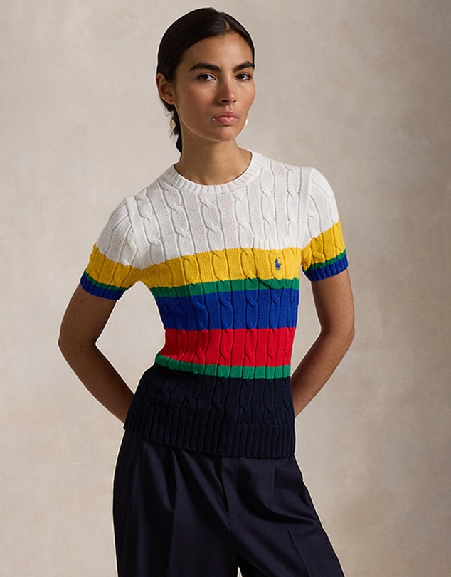 Striped Cable Short-Sleeve Sweater - ICONIC EXCLUSIVE - Blue Saturn Multi