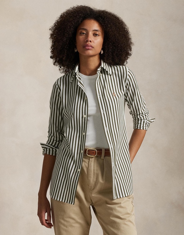 Striped Knit Oxford Cotton Shirt - Thermal Green & White
