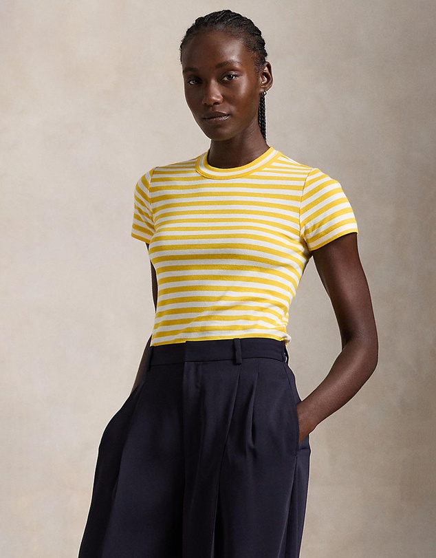 Striped Ribbed Cotton Crewneck Tee - ICONIC EXCLUSIVE - Racing Yellow & White