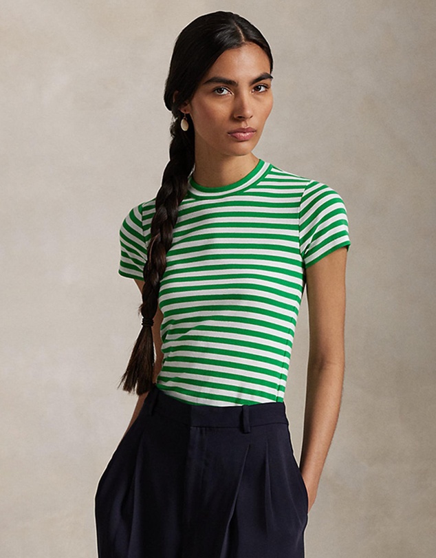 Striped Ribbed Cotton Crewneck Tee - Preppy Green & White