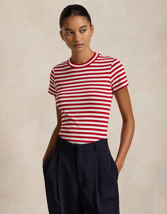 Striped Ribbed Cotton Crewneck Tee - Rl2000 Red & White 25