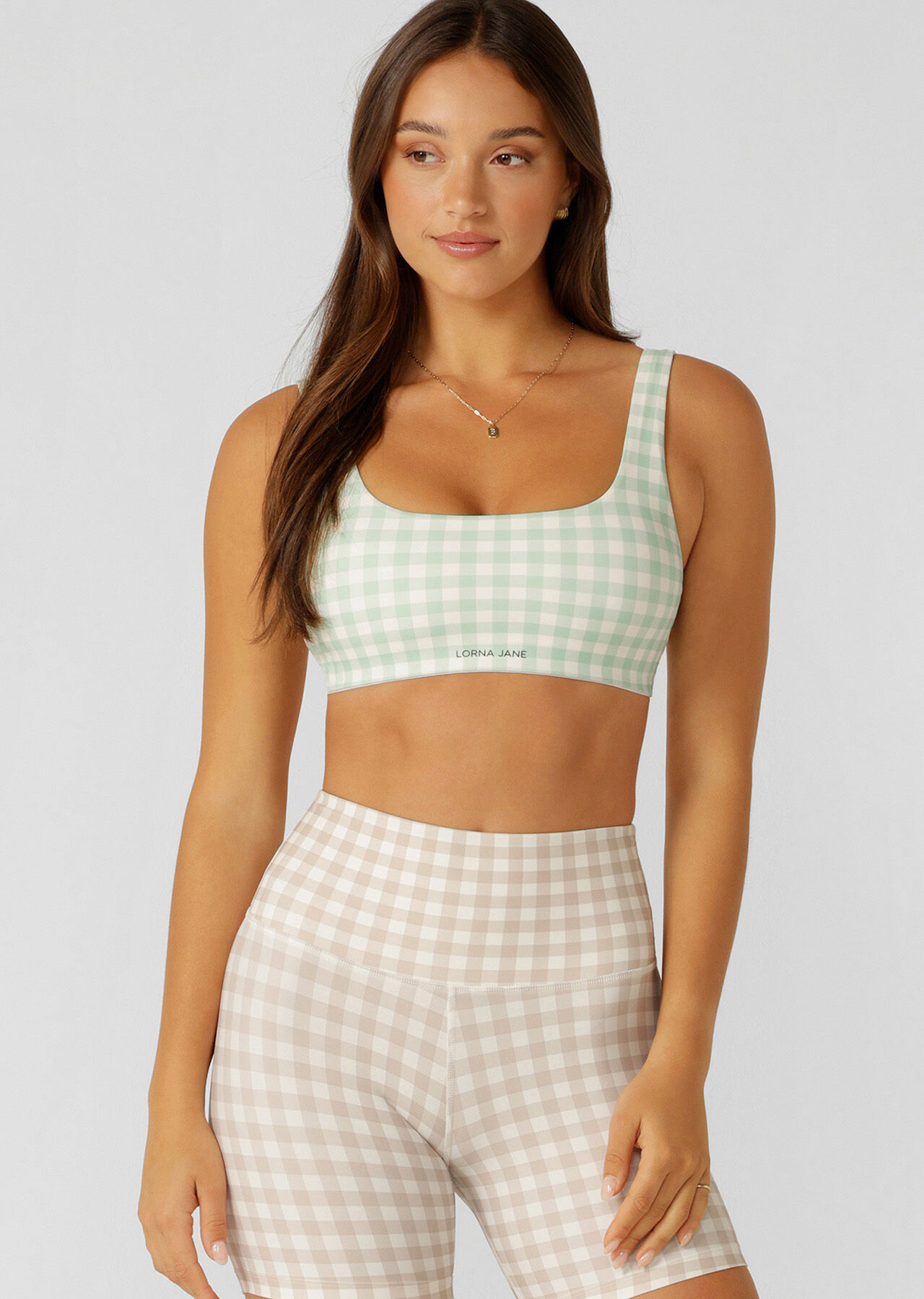 Sweet Gingham Sports Bra - Soft Mint Ranch Gingham Print slider