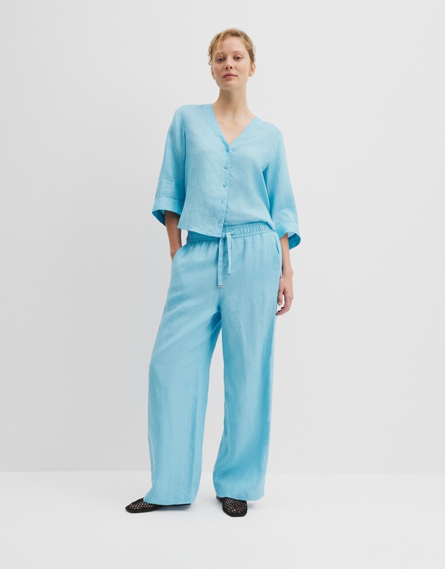 Tie Detail Linen Pant - Sea Blue