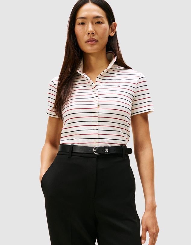 Tipping Slim Button Down Short Sleeve Polo - Multi Stripe Ivory, Red & Navy