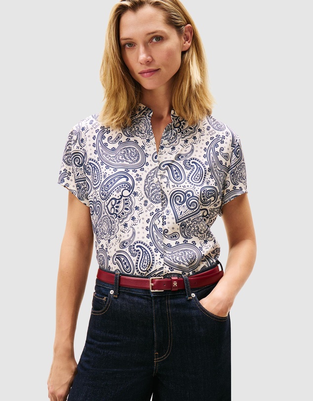 Twill Button Short Sleeve Shirt - Paisley White & Navy