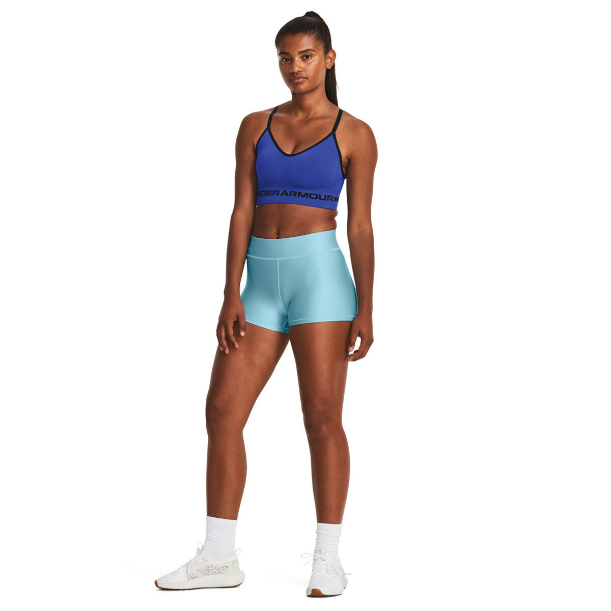 Under Armour Womens HeatGear Mid Rise Shorty Training Shorts - Blue slider