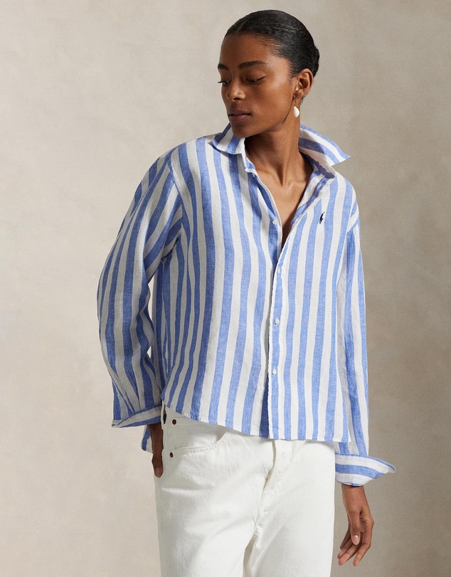 Wide Cropped Gingham Linen Shirt - 4567A Blue & White