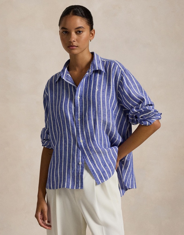 Wide Cropped Gingham Linen Shirt - Blue & White
